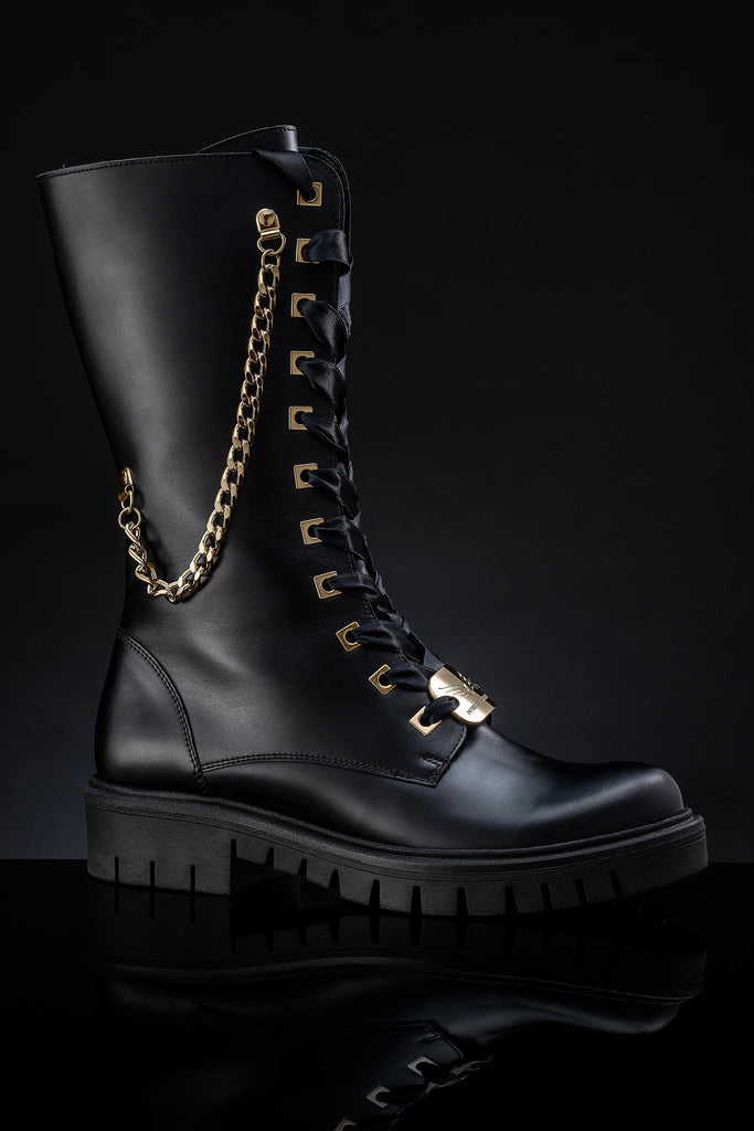 Women's Leather Black Boots - Wonder Black & Gold
