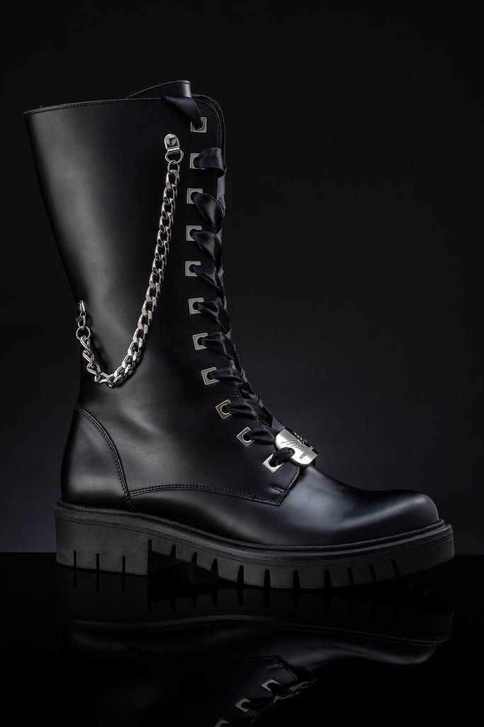 Women's Leather Black Boots - Wonder Black & Silver